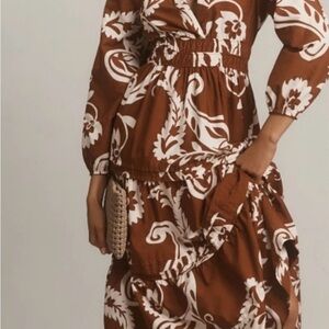 Anthropologie Brown and White Floral Long Sleeve Dress